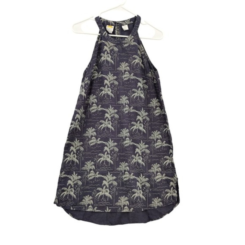 C&C California Womens Tropical Coastal 100% Linen Halter Dress S Blue Palm Tree